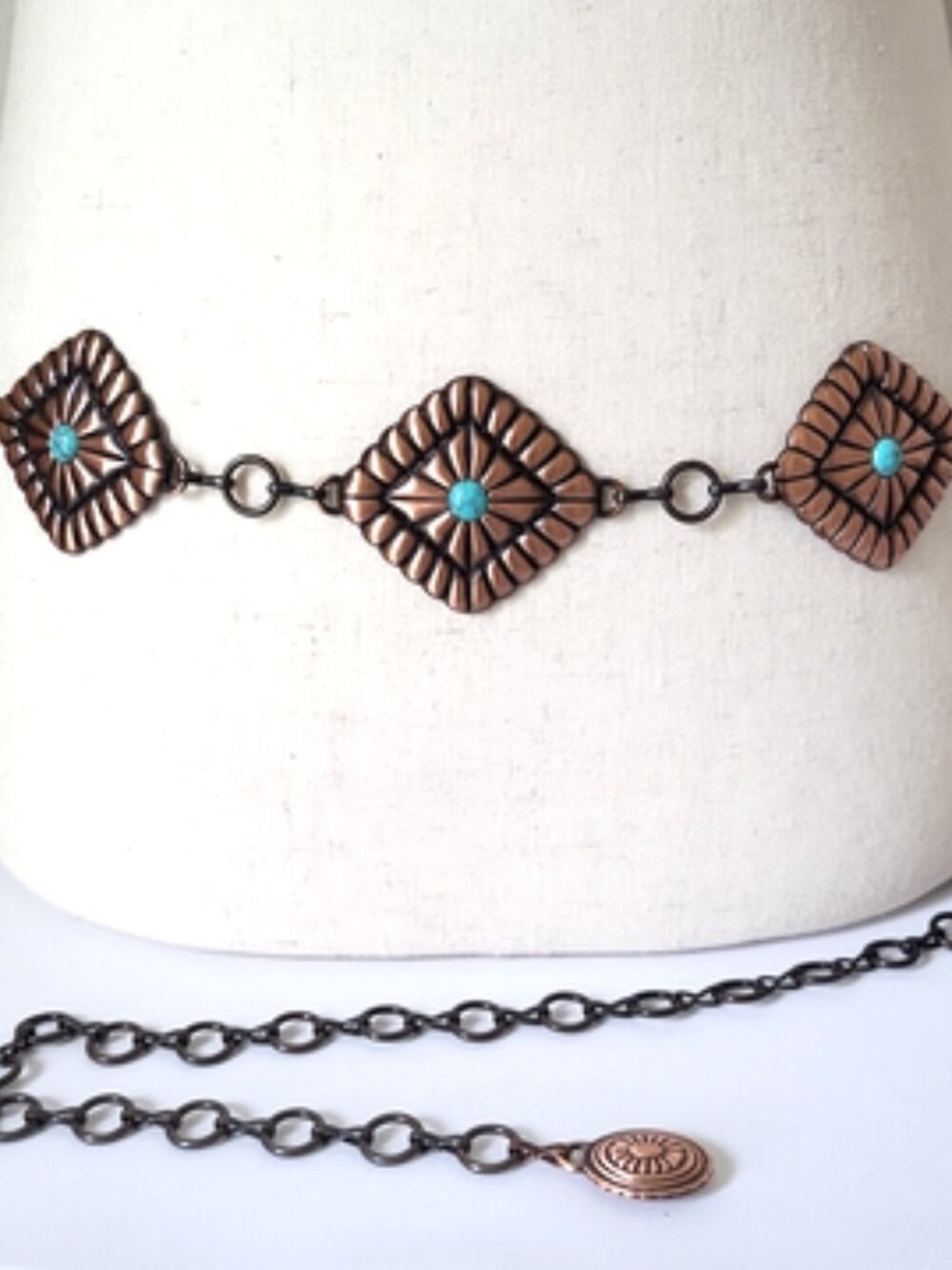 Turquoise Accent Diamond Shape Concho Copper-Tone Linked Waist Chain Belt 39"